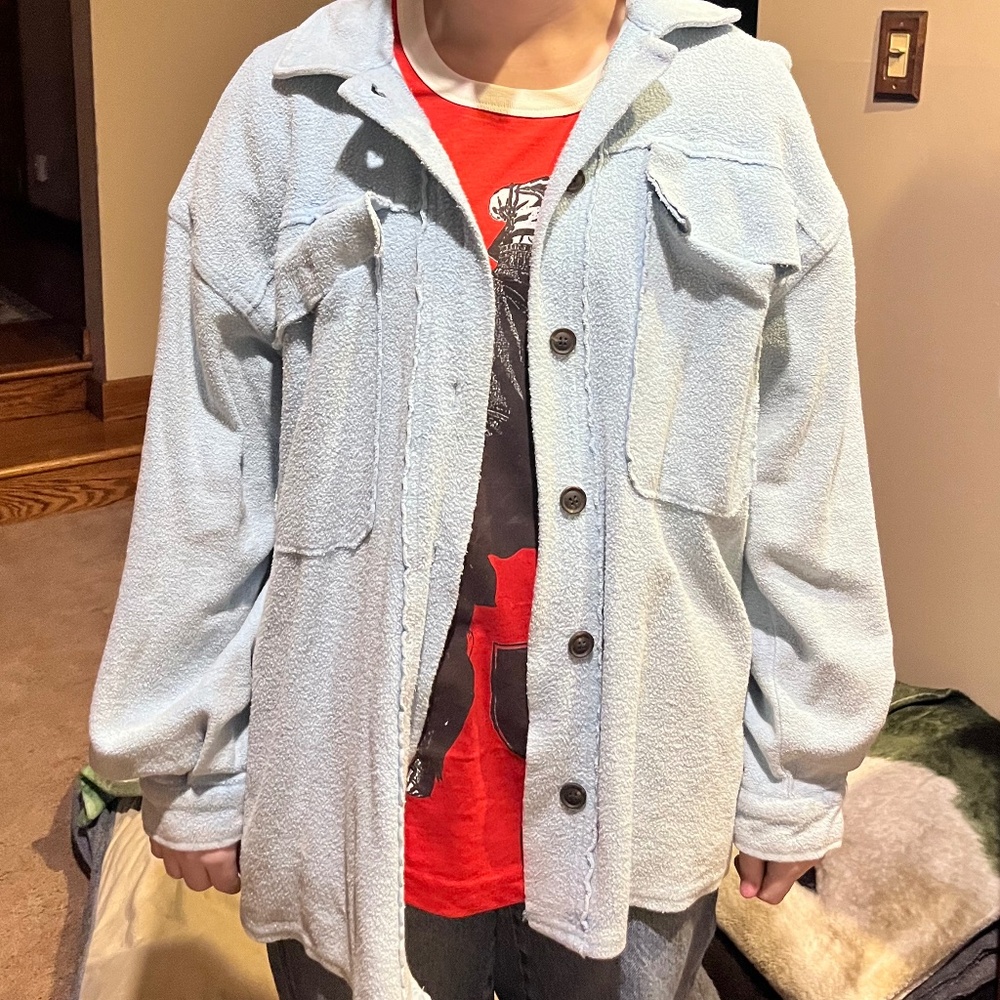 Forever 21 Button Up Fuzzy Jacket Blue